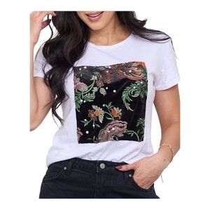 Zara W / B Velvet Patch Embroidered Floral and Pearls Details Short Sleeves Top